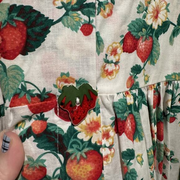 Vintage 80s Dogwood Lane Cotton Sleeveless Dress Strawberry Print Cottagecore M - Picture 3 of 7